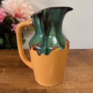 Vintage Drip Glaze Pottery Pitcher Green Brown and Mustard Yellow Art Pottery Ju